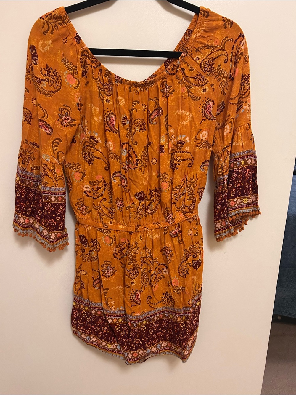 Mudd Mustard Yellow Paisley Off-Shoulder Romper with Maroon Border